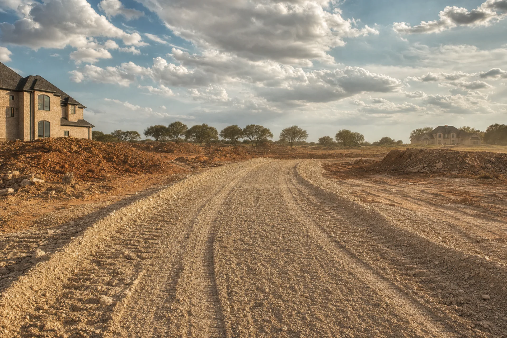 Freshly cut and graded gravel driveway crowned for drainage near Plano, Texas