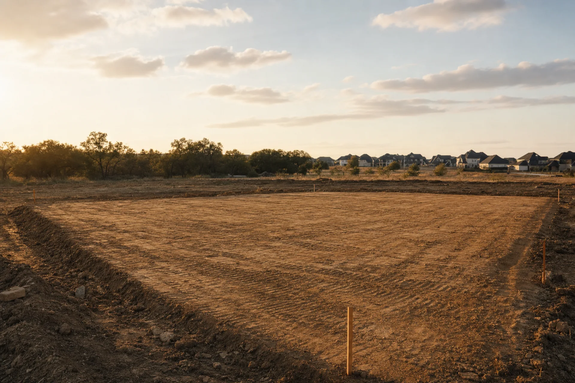 Compacted dirt pad with crisp fill edges prepped for a 4,200 sqft custom home in Frisco, Texas