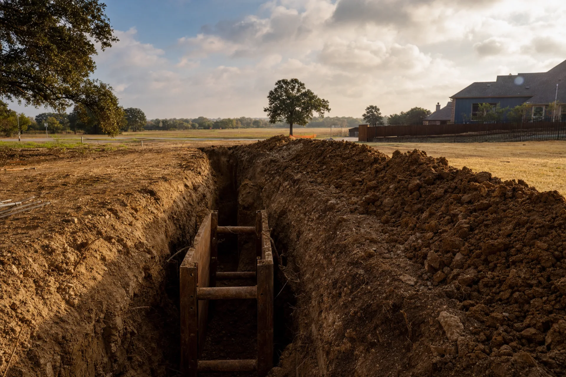 Open utility trench cutting across a residential lot in Allen, Texas