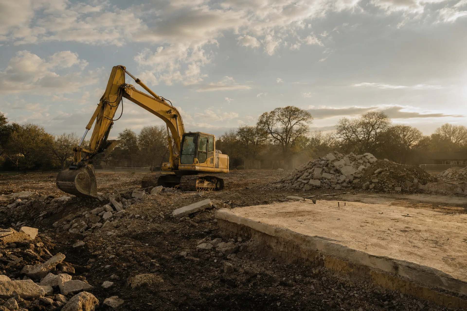 Excavator on a cleared residential demolition site with broken concrete piled for haul