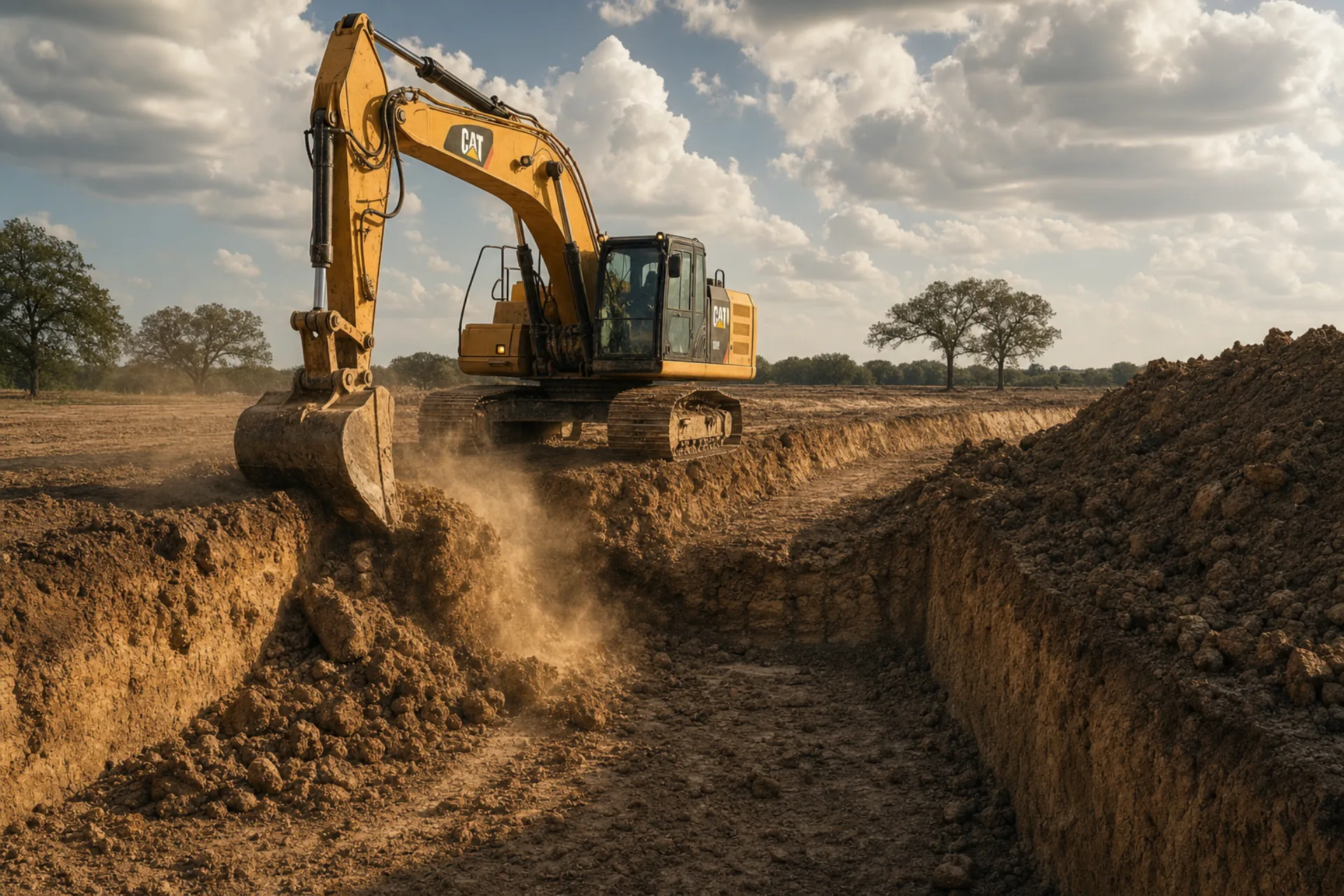 Yellow excavator digging a foundation cut on a Dallas-area construction site