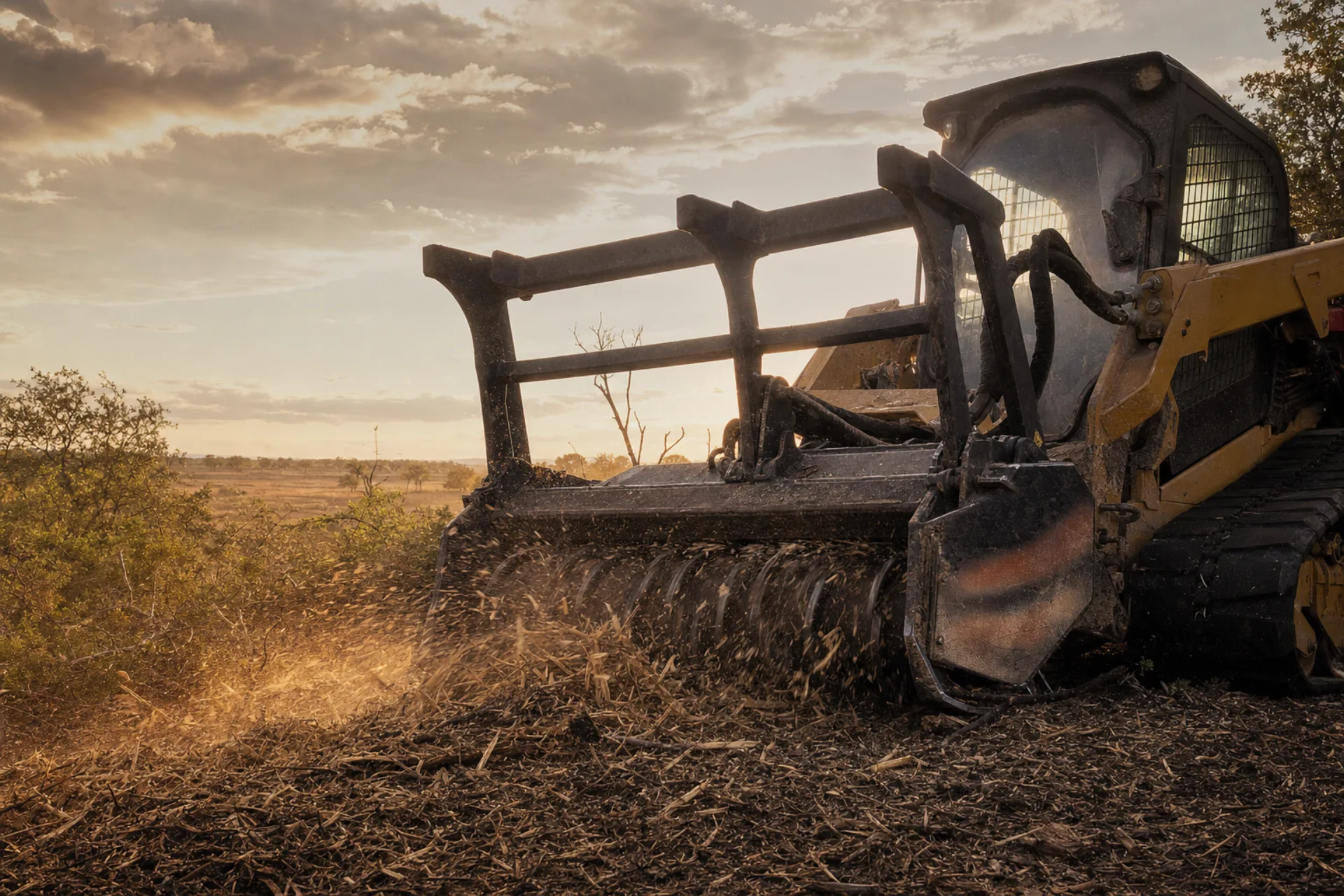 Forestry mulcher head on a skid steer grinding cedar and brush in a single pass