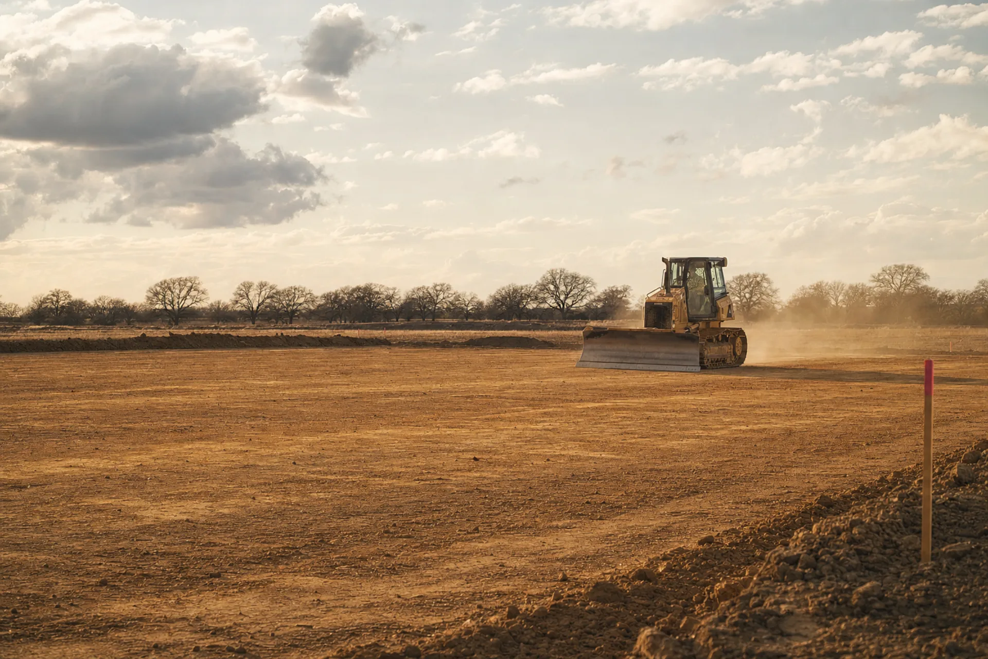 Bulldozer making a final grading pass on a fresh compacted dirt pad for a custom home build