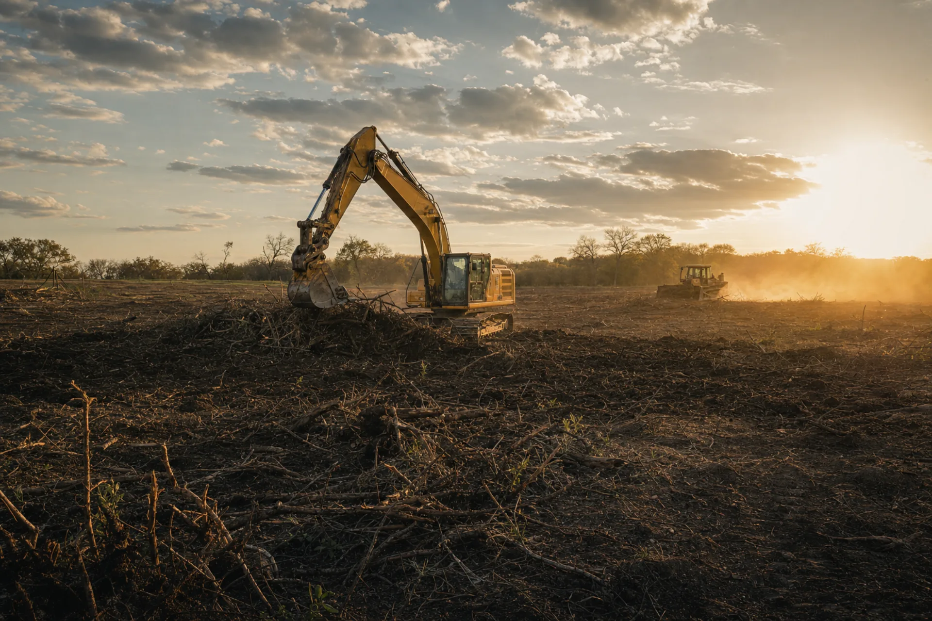 Yellow Caterpillar excavator and dozer working a multi-acre clearing job on a North Texas lot at golden hour