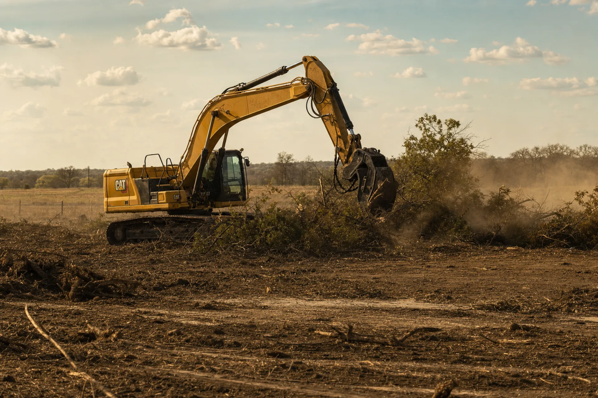 Yellow Caterpillar excavator clearing brush and small trees on a North Texas acreage lot
