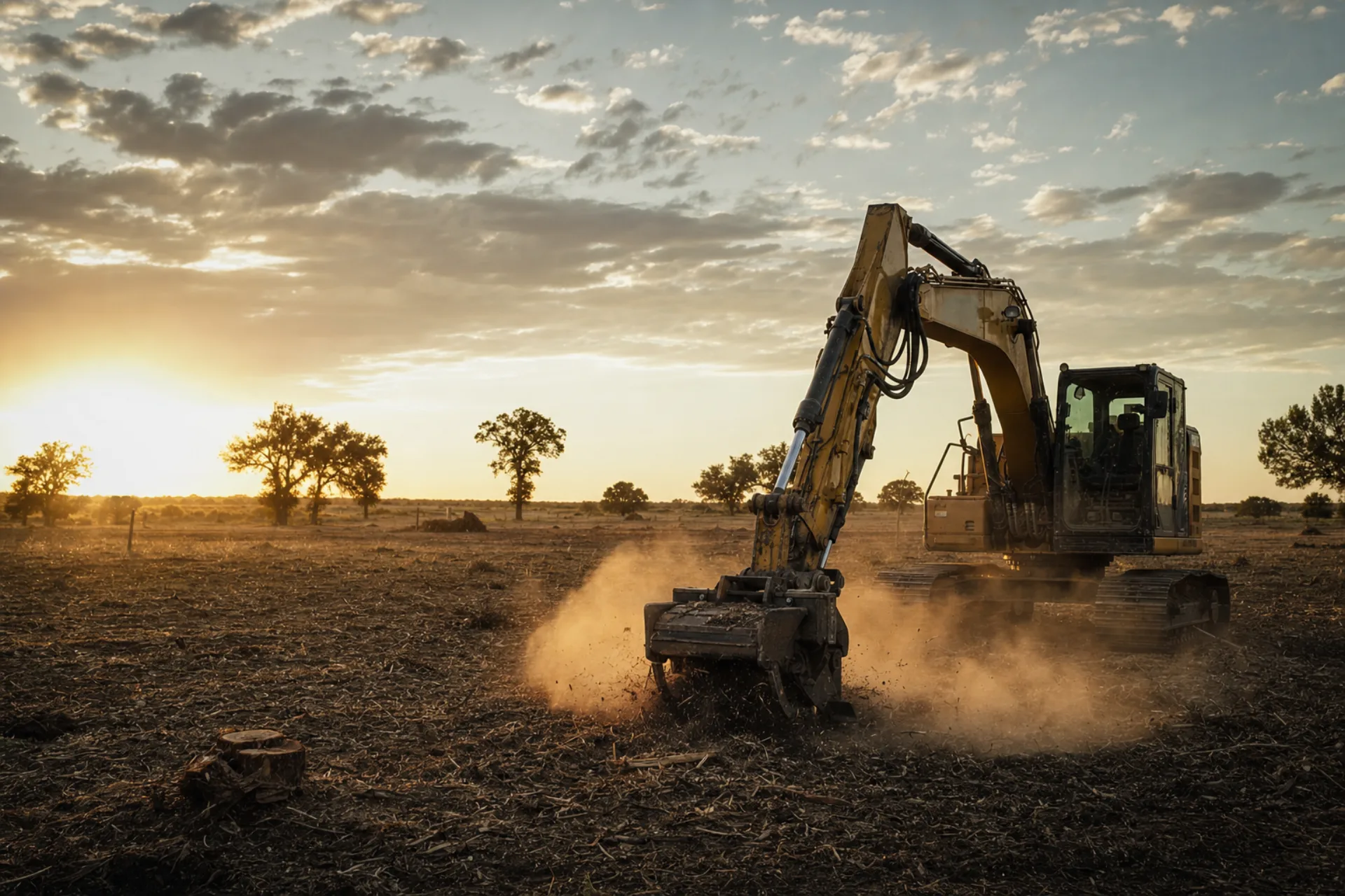 Yellow excavator working a cleared Texas ranch pasture with mesquite stumps ground out under the bud ring