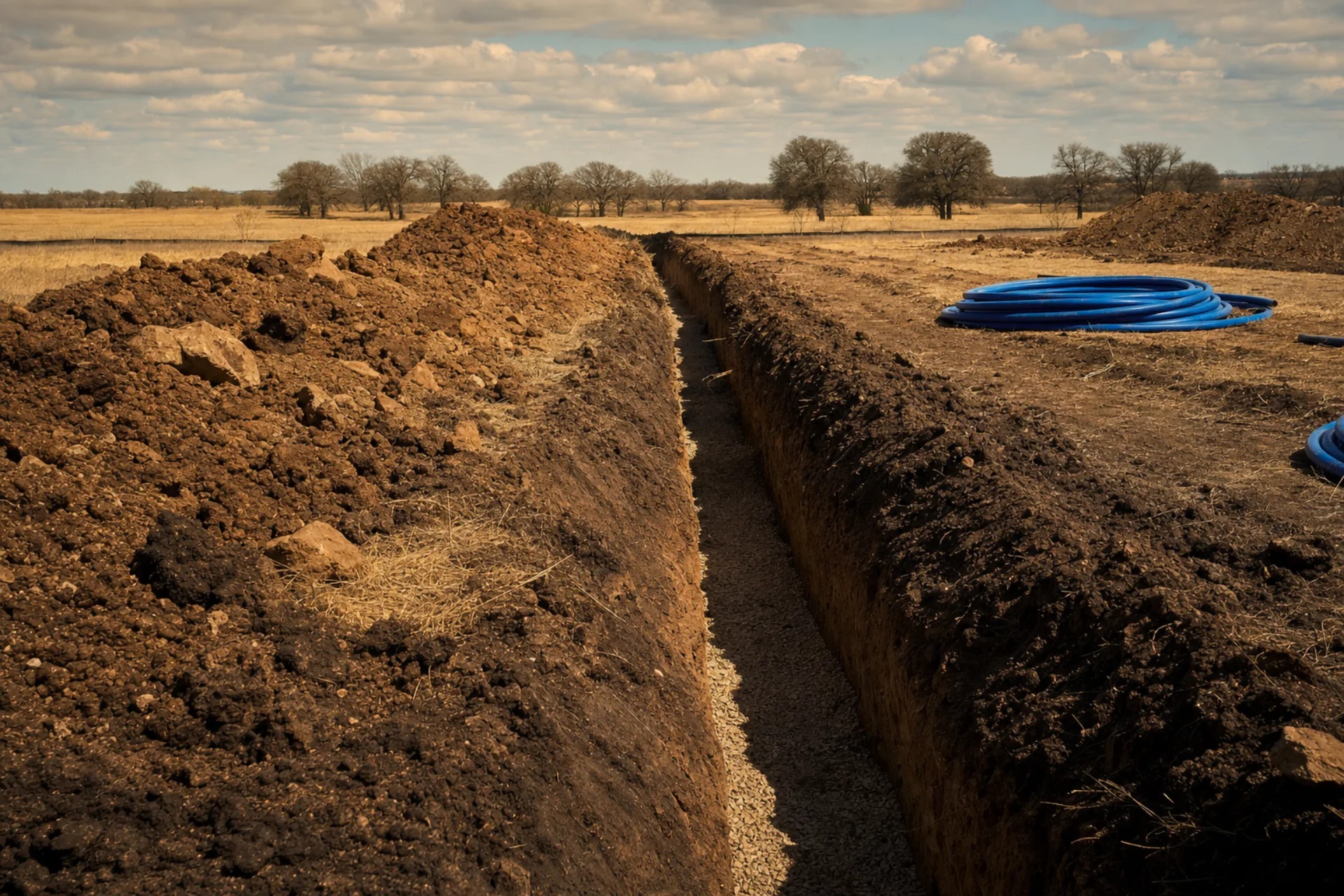 Open utility trench cutting across a fresh dirt construction site with pea-gravel bedding