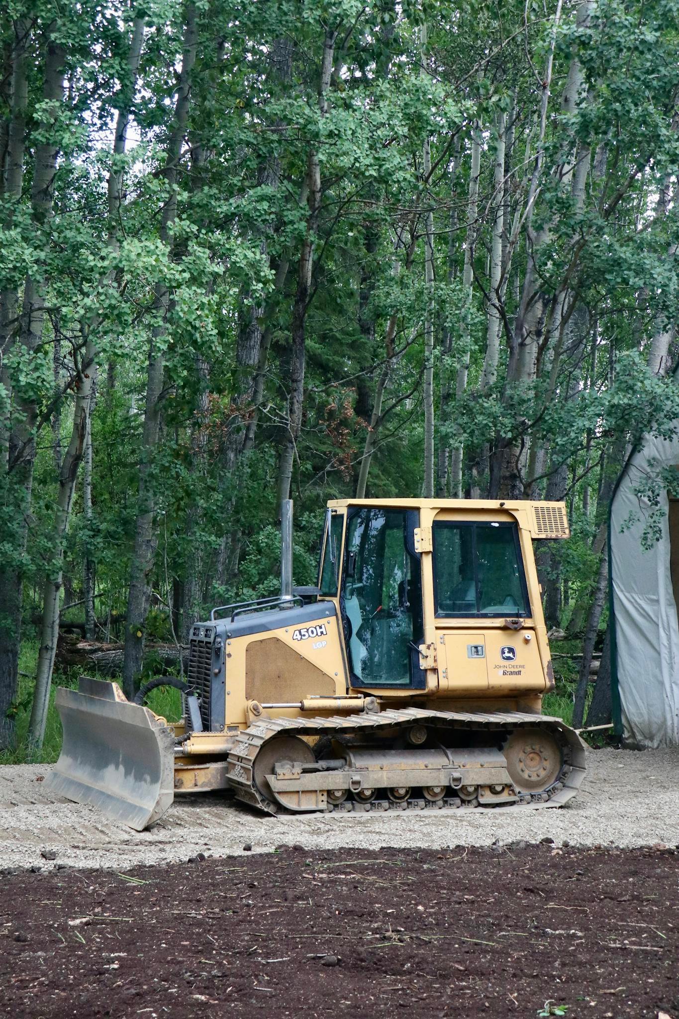 yellow bulldozer in forest clearing preparing soil